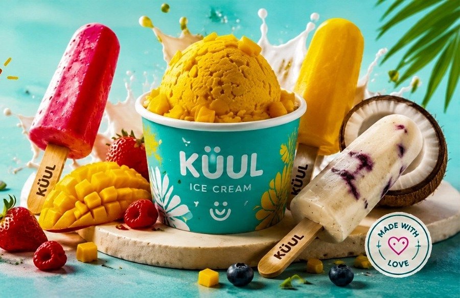 KÜUL ice cream cup with fresh berries, mango and coconut